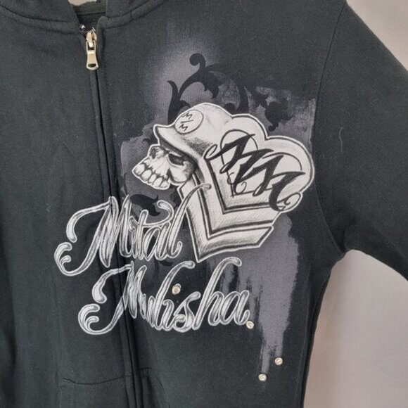 METAL MULISHA Womens Hoodie Sz SMALL Full Zip BLACK Skull Wings Goth Rhinestone - Picture 2 of 13